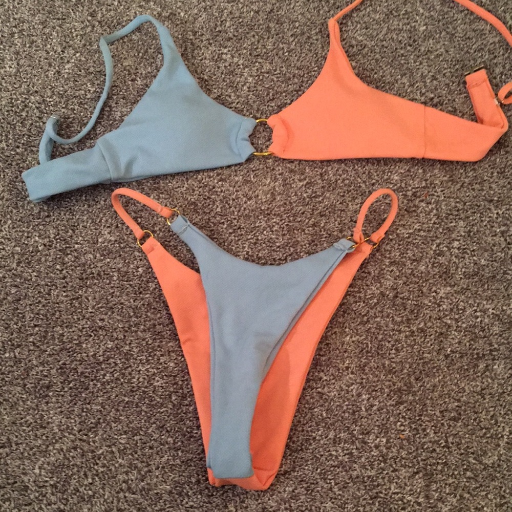 Blue and Orange Color-Block Bikini Swim Set